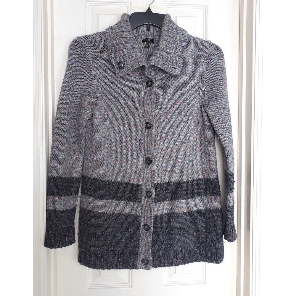 Talbots Cardigan Sweater Grey Confetti Knit Button Up Long Sleeve Colorblock MP